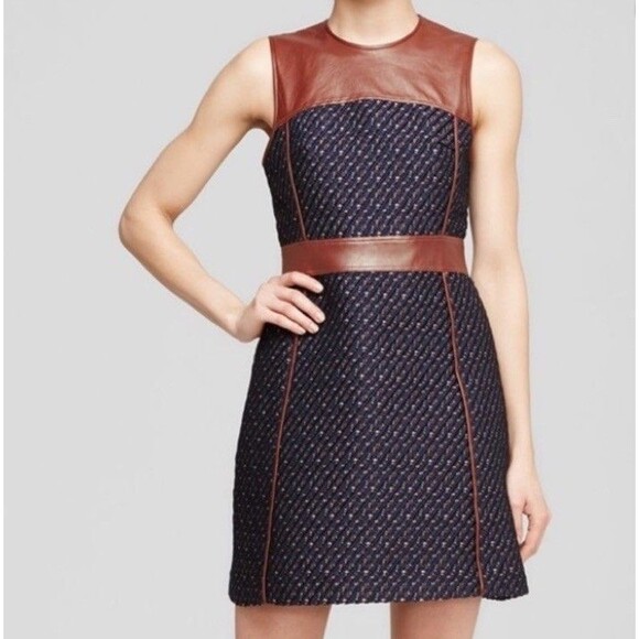 Theory CalvinoDress Sleeveless Mix Media Lamb Leather Tweed Navy Brown Size 10 - Picture 1 of 10